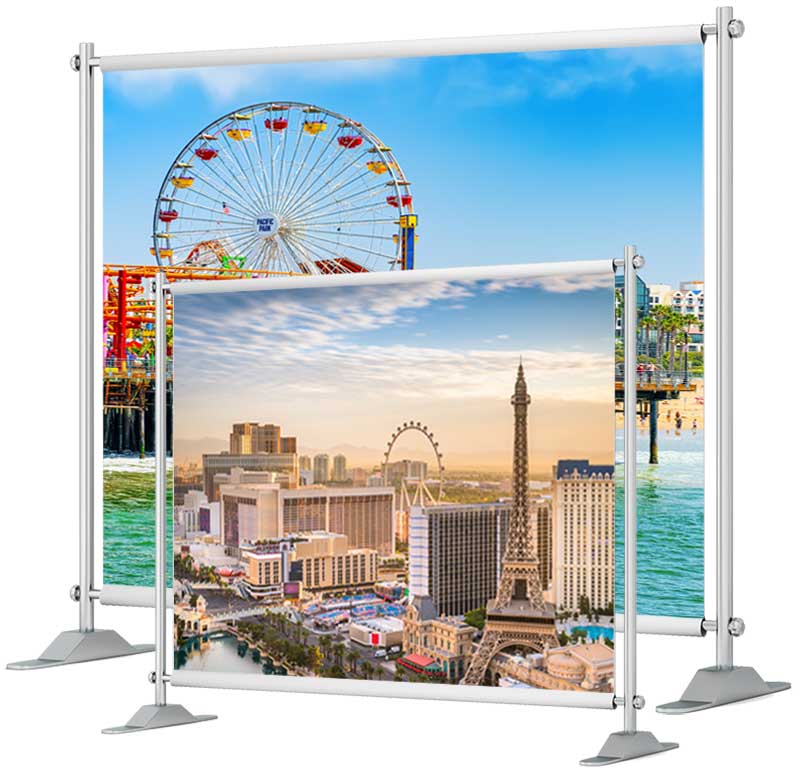step and repeat banners with adjustable frame, showing two different sizing options