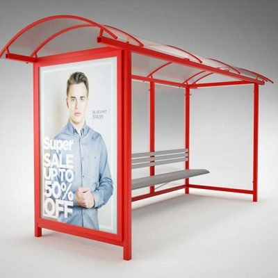 Example of a bus shelter poster ad on a red bus shelter