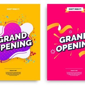 Two digital posters that say "grand opening" in the colors pink and yellow