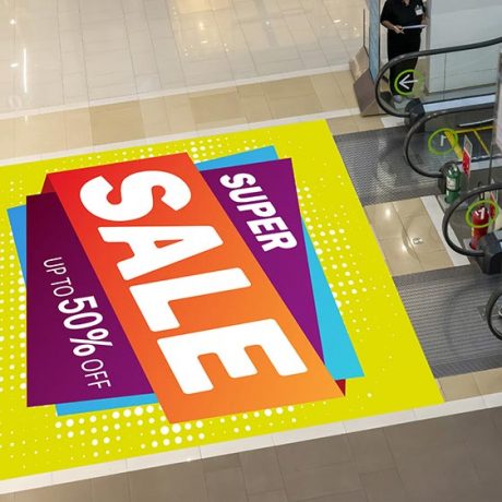 Top View Mock up perspective blank screen with clipping path on walkway, front of escalator in shopping mall, blurred people walking, empty space for insert graphic or text information or warning word