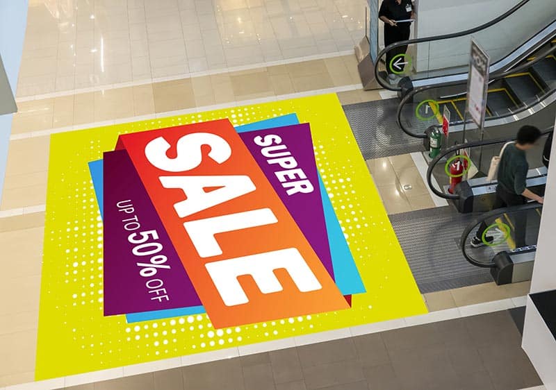 decal that says super sale 50% off with yellow, blue, orange, and purple background colors