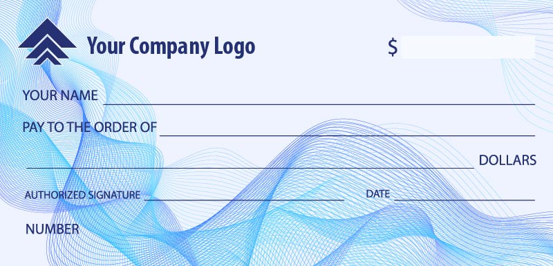 blue check template that says your company logo at the top left hand corner