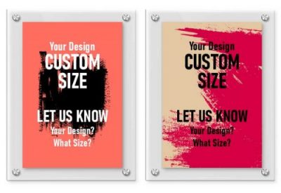 Two large format poster printing images reading "custom size" and "let us know"