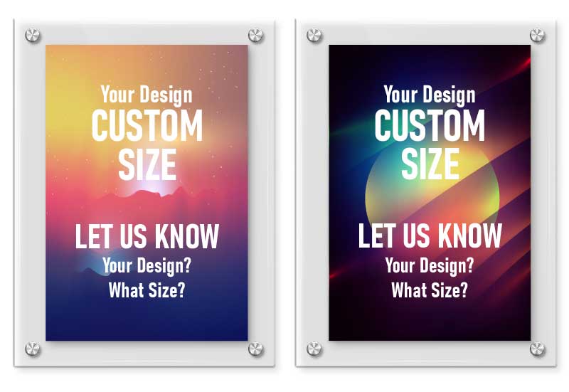 Two poster images reading "custom size" and "let us know"
