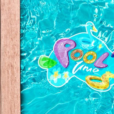 product example of a pool decal shown inside a pool, a decal of a swan that has pool time written on it