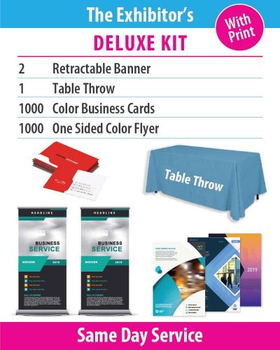 A collage for product images showing table throw, retractable banner, flyers, and business cards
