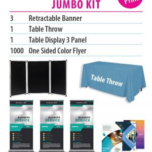 collage showing different products in a package deal, a table throw, panels, banners, and flyers