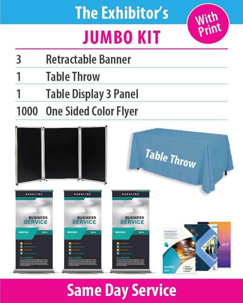 collage showing different products in a package deal, a table throw, panels, banners, and flyers