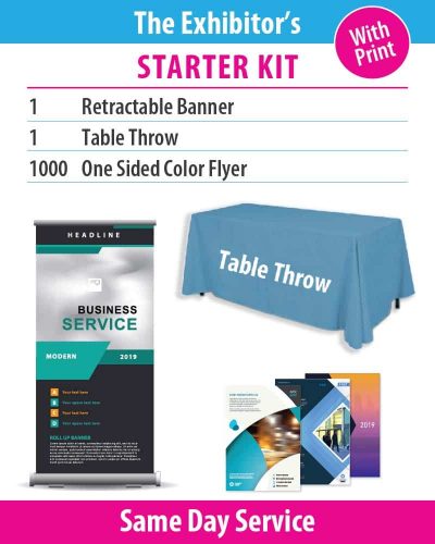 Collage of product images that show a table throw, a banner and flyers