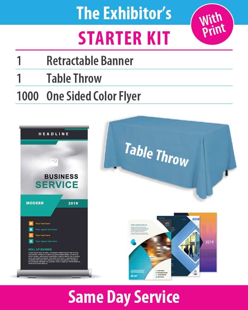Collage of product images that show a table throw, a banner and flyers
