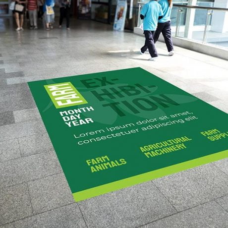 Mock up perspective blank vertical screen on floor with clipping path on walkway in shopping mall, blurred people walking around, empty space for insert graphic or text information or warning word
