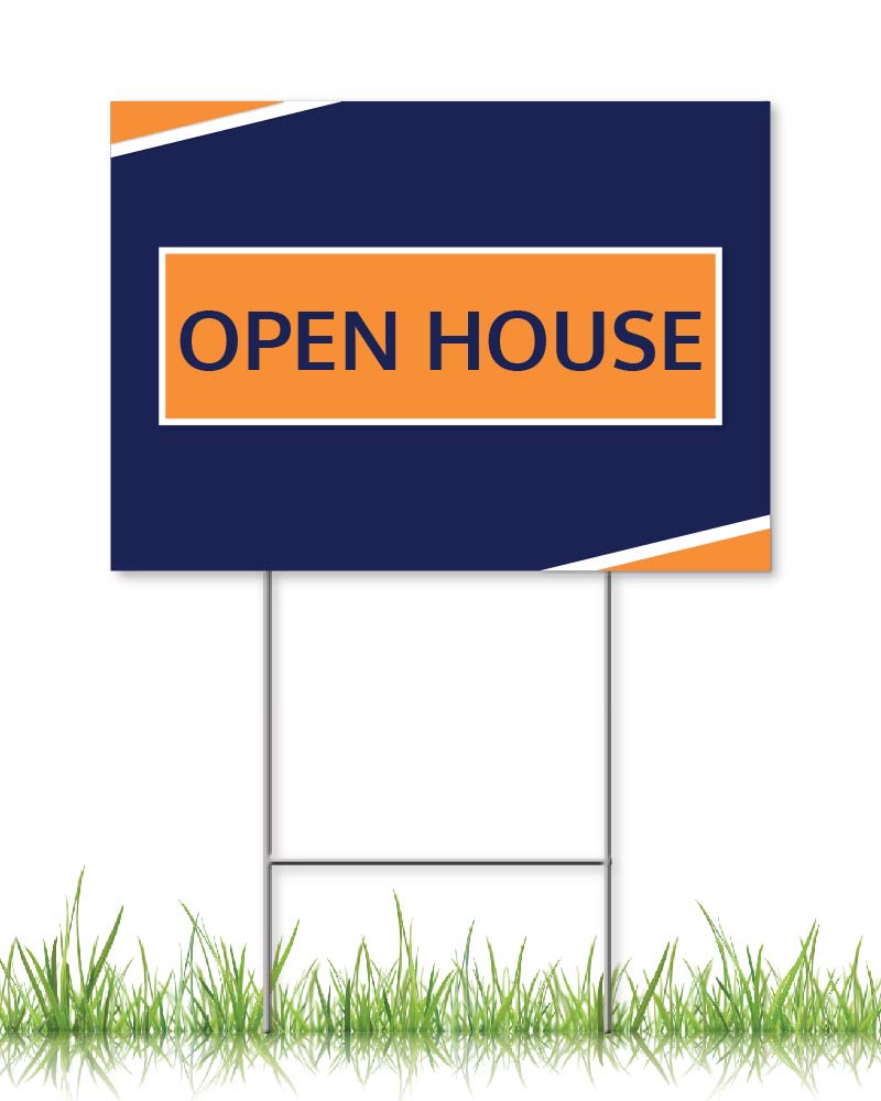 blue and orange yard sign that says open house