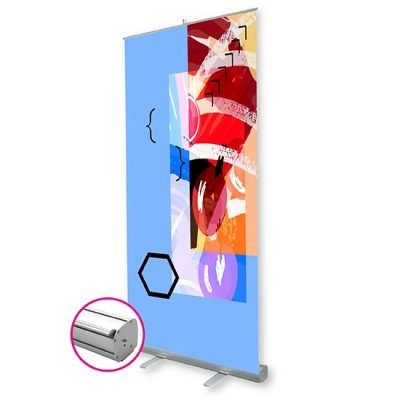 banner stand product image with blue banner and colorful graphic displayed