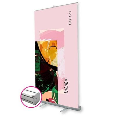 wide base banner product image with pink graphic displayed.