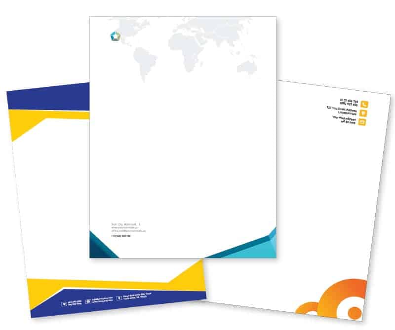 Three 8.5 x 11 letterheads shown, in blue, orange, and yellow