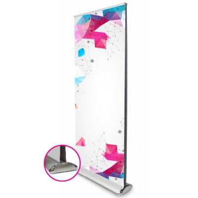 double sided base banner stand with banner example displaying various colors
