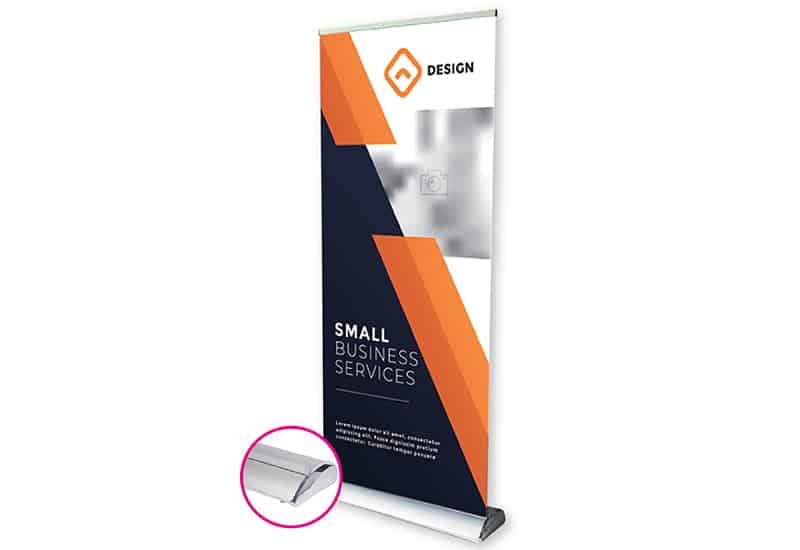 milestone base single sided banner product image that shows a banner in various colors that read "small business services" as demonstration