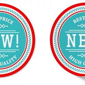 circle stickers, red and blue that say best price and new high quality