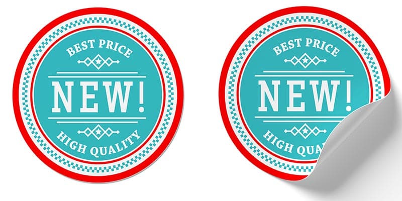circle stickers, red and blue that say best price and new high quality