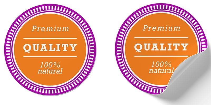 purple and orange circle stickers that say premium quality 100% natural