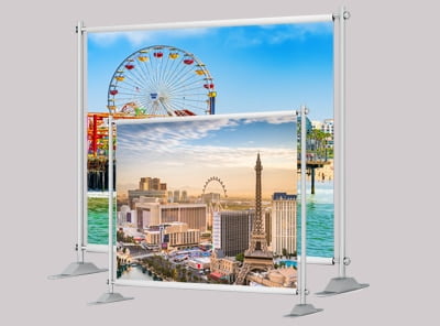 Backdrop Banner product image sample, showing city and pier by the beach displayed