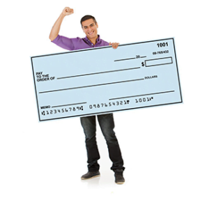 Man holding a blue giant check with his fist in the air