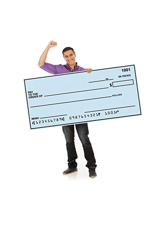 Man holding a blue giant check with his fist in the air