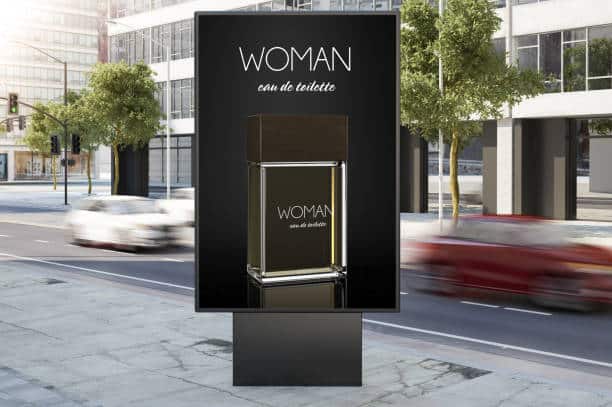 billboard on city street perfume poster 3d rendering