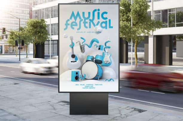 billboard on city street music festival poster 3d rendering