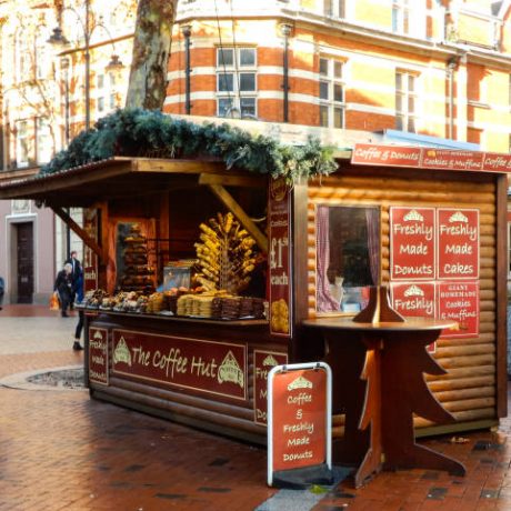 Reading, United Kingdom - December 19 2018:   A Festive Coffee hut for Christmas shoppers on Broad Street