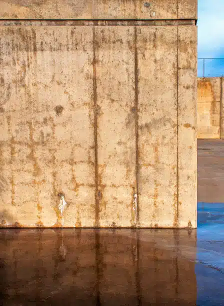 An industrial concrete wall reflecting on a sheet of ice.