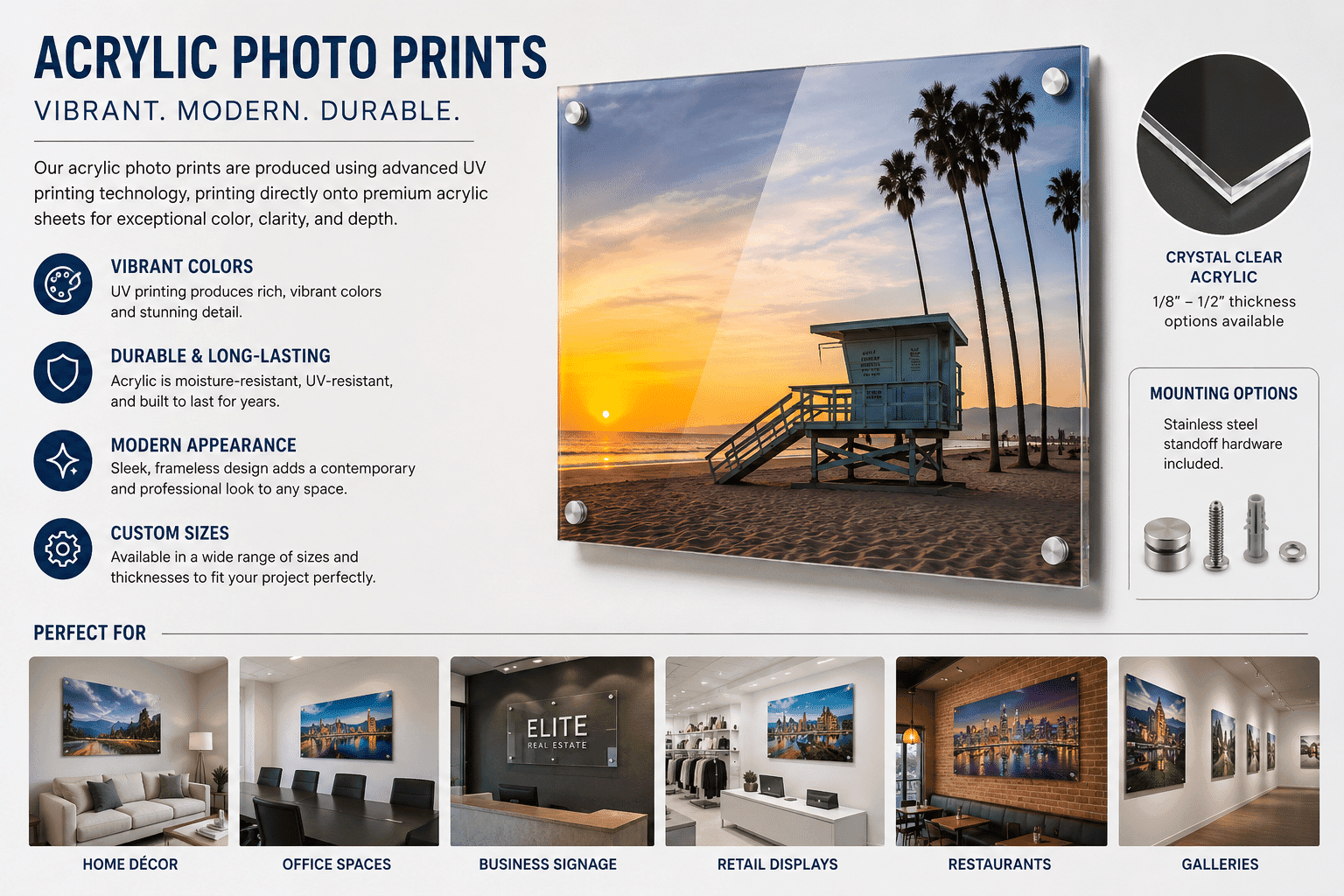 Modern acrylic photo print advertisement showing a sunset beach lifeguard tower mounted on clear acrylic with stainless steel standoff hardware, highlighting vibrant UV printing, custom sizing, durability, and professional wall display applications for homes, offices, retail spaces, restaurants, and galleries.