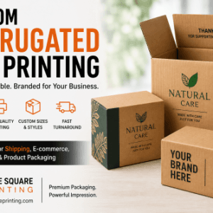 Custom corrugated box printing banner with branded boxes (Natural Care) and shipping icons indicating durability and quality