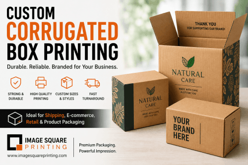 Custom corrugated box printing banner with branded boxes (Natural Care) and shipping icons indicating durability and quality