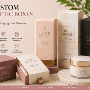 Marketing banner advertising custom cosmetic boxes with Luxe Beauty, Rose Blush, and Velvet Vanity packaging on a beige backdrop.