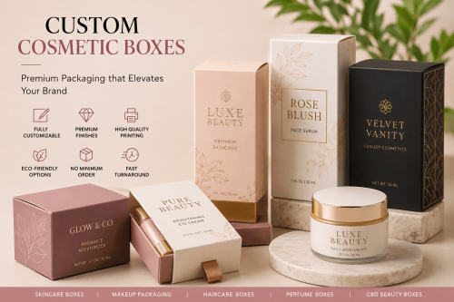 Marketing banner advertising custom cosmetic boxes with Luxe Beauty, Rose Blush, and Velvet Vanity packaging on a beige backdrop.