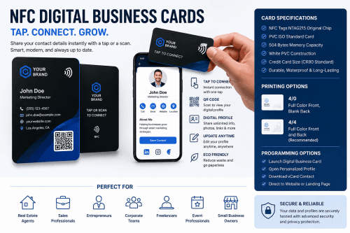 Modern NFC digital business cards with QR code integration, hosted profiles, and tap-to-connect technology for instant networking and contact sharing. Modern NFC digital business cards with QR code integration, hosted profiles, and tap-to-connect technology for instant networking and contact sharing.