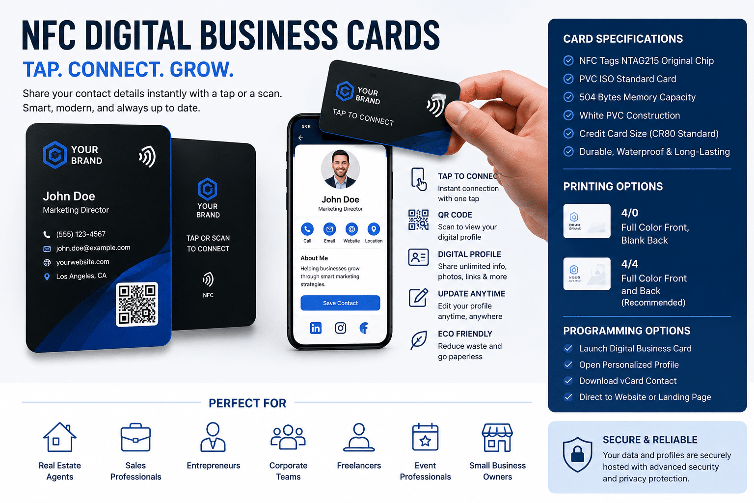 Custom NFC digital business cards with QR code and mobile digital profile interface showing tap-to-connect technology and card specifications