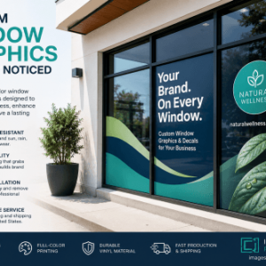 Custom window graphics and decals on storefront glass showing high-impact business branding for retail and commercial advertising