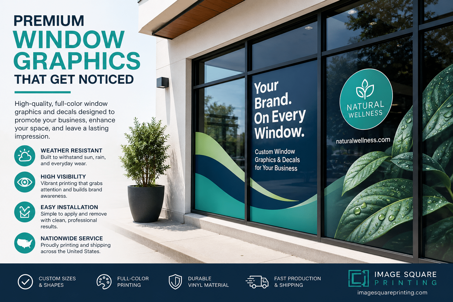 Custom window graphics and decals on storefront glass showing high-impact business branding for retail and commercial advertising